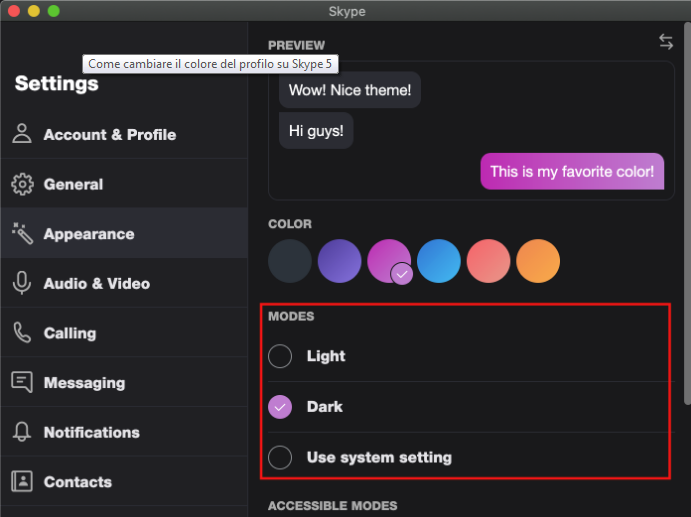 Come cambiare il colore del profilo e interfaccia su Skype