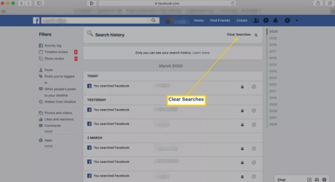 cancella ricerche su facebook