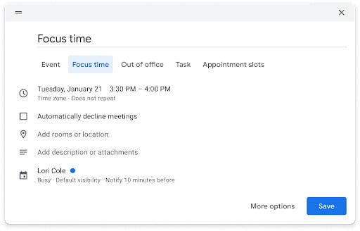 Il "Tempo di messa a fuoco" di Google Calendar è una nuova bella funzionalità