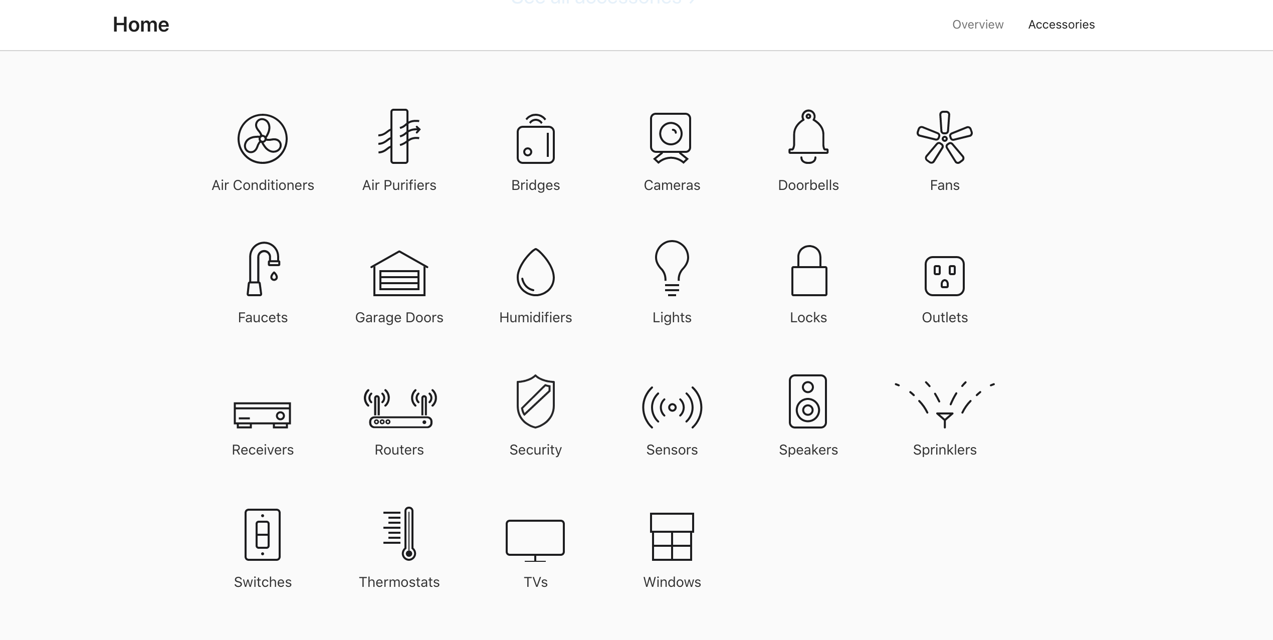 Uno screenshot di diverse illustrazioni di dispositivi per la smart home che funzionano con l'app Apple Home