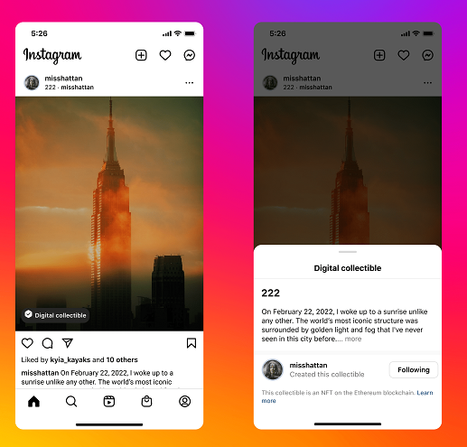 Visualizzazione NFT di Instagram