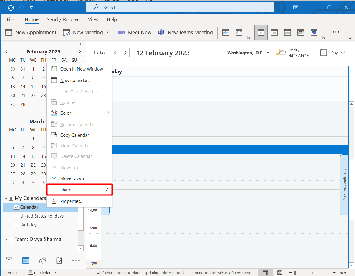 Fai clic con il tasto destro sul calendario e scegli l'opzione Condividi. Calendario di gruppo di Outlook e calendario condiviso: quale utilizzare?