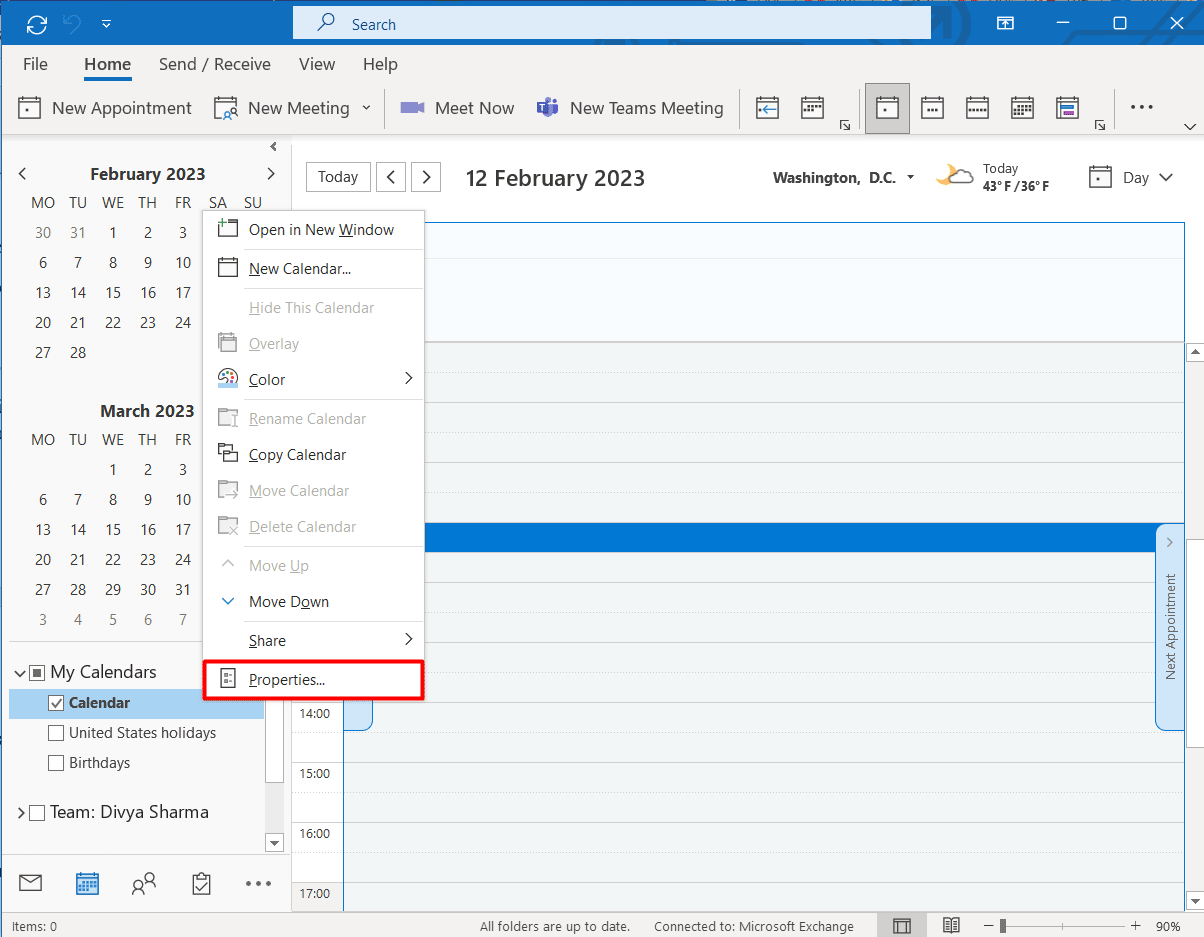 Scegli Proprietà dal menu. Calendario di gruppo di Outlook e calendario condiviso: quale utilizzare?