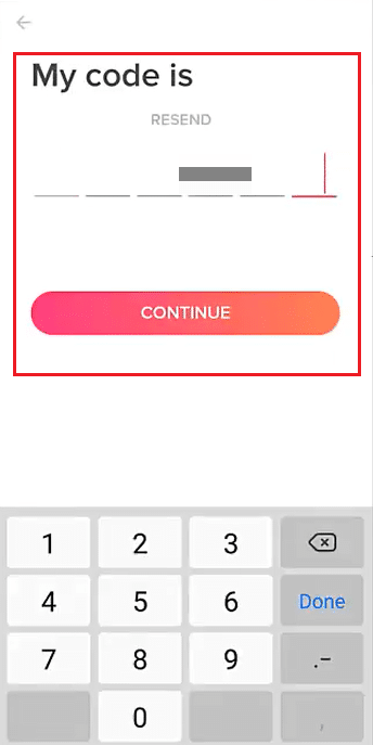 inserisci il codice di verifica e tocca Continua Tinder. Risolto il problema con la verifica di Tinder non funzionante