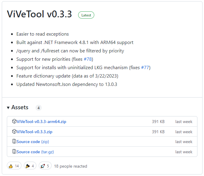 scarica il file zip di ViveTool v0.3.3