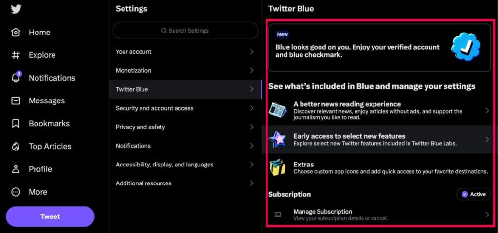 selezionare l'opzione Gestisci abbonamento per annullare l'abbonamento Twitter Blue