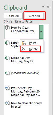 Fare clic sul pulsante Cancella tutto per cancellare gli Appunti in Excel