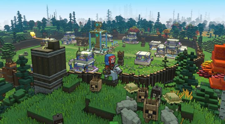 Un giocatore si trova fuori dal proprio villaggio con i mob in Minecraft Legends.