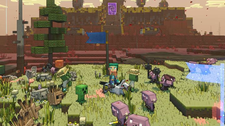 Un giocatore convoca mob per attaccare un avamposto di Piglin in Minecraft Legends.