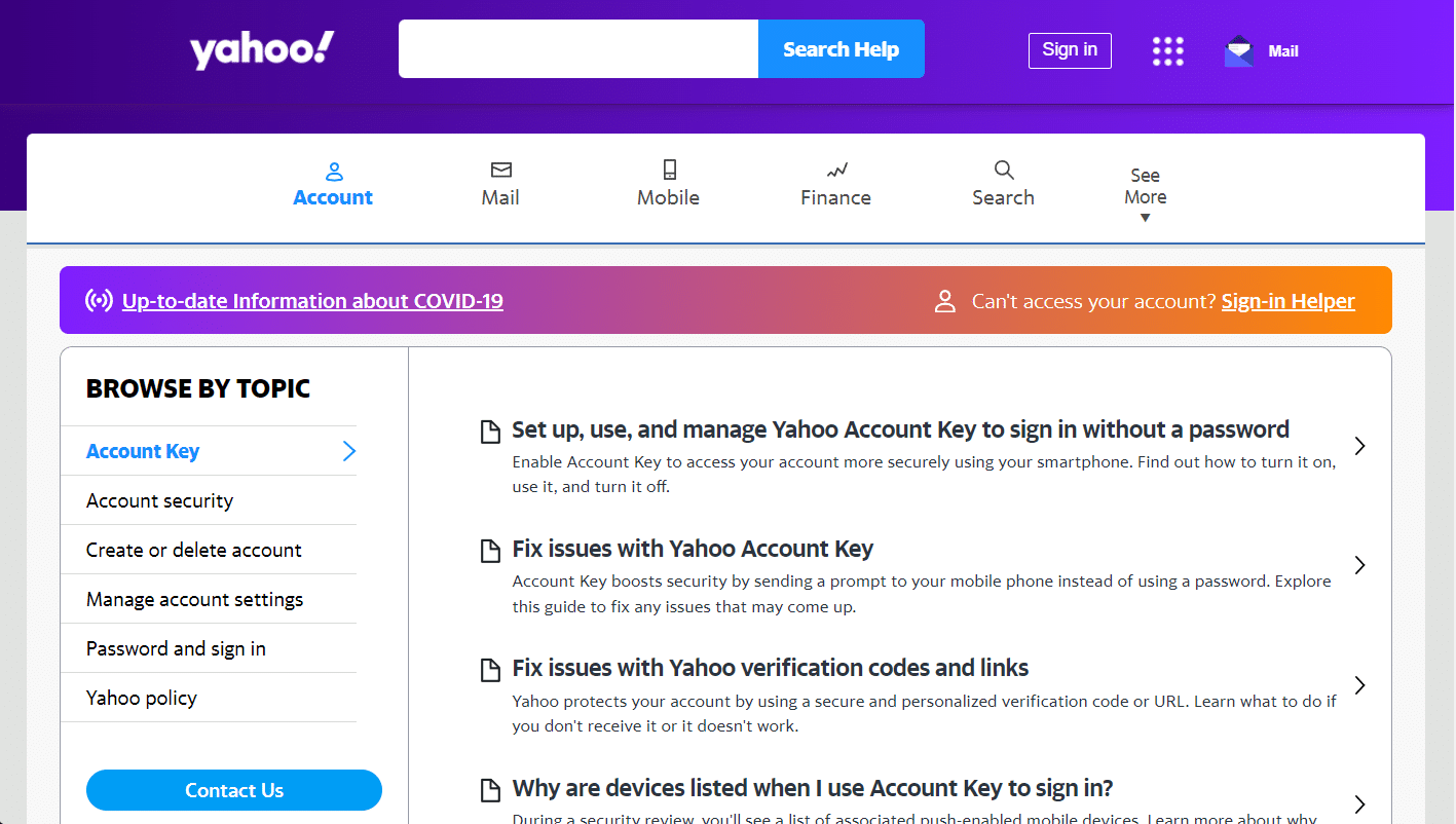 Pagina del Centro assistenza di Yahoo