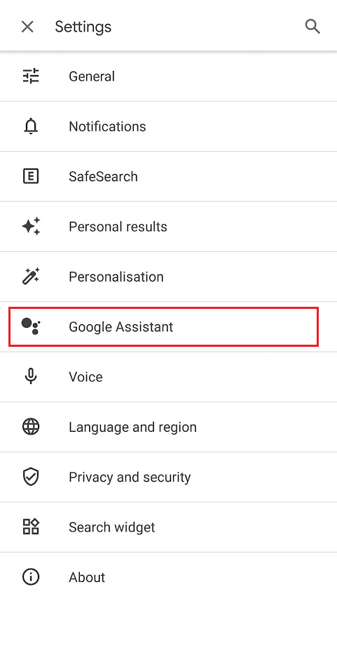 seleziona Assistente Google dal menu
