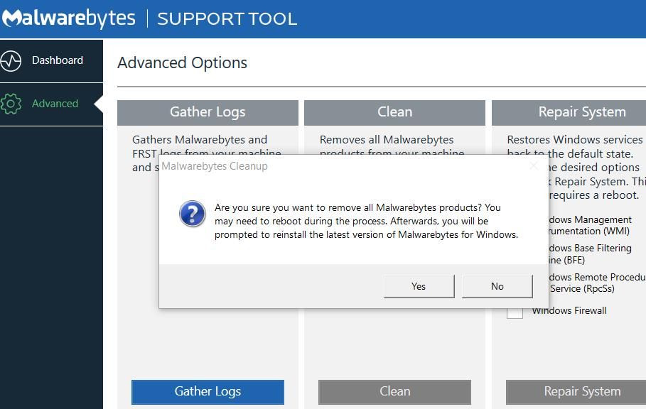 La finestra di dialogo Disinfezione di Malwarebytes