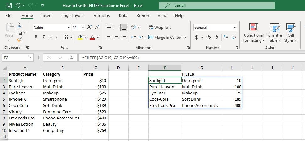Foglio con formula FILTRO con risultati in Excel