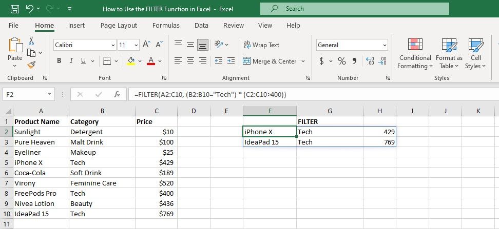 Foglio di calcolo che mostra la formula FILTRO con più criteri in Excel