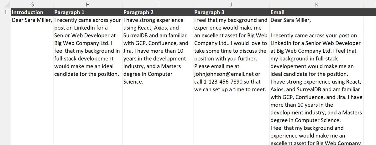 Una serie di paragrafi composti da dati in Excel combinati insieme in una lettera di accompagnamento standard.