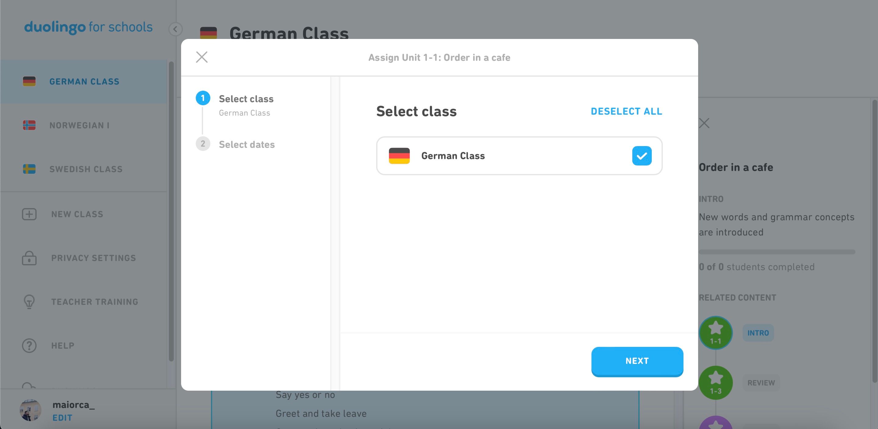 Scegli Nuova classe da assegnare in Duolingo per la schermata delle scuole