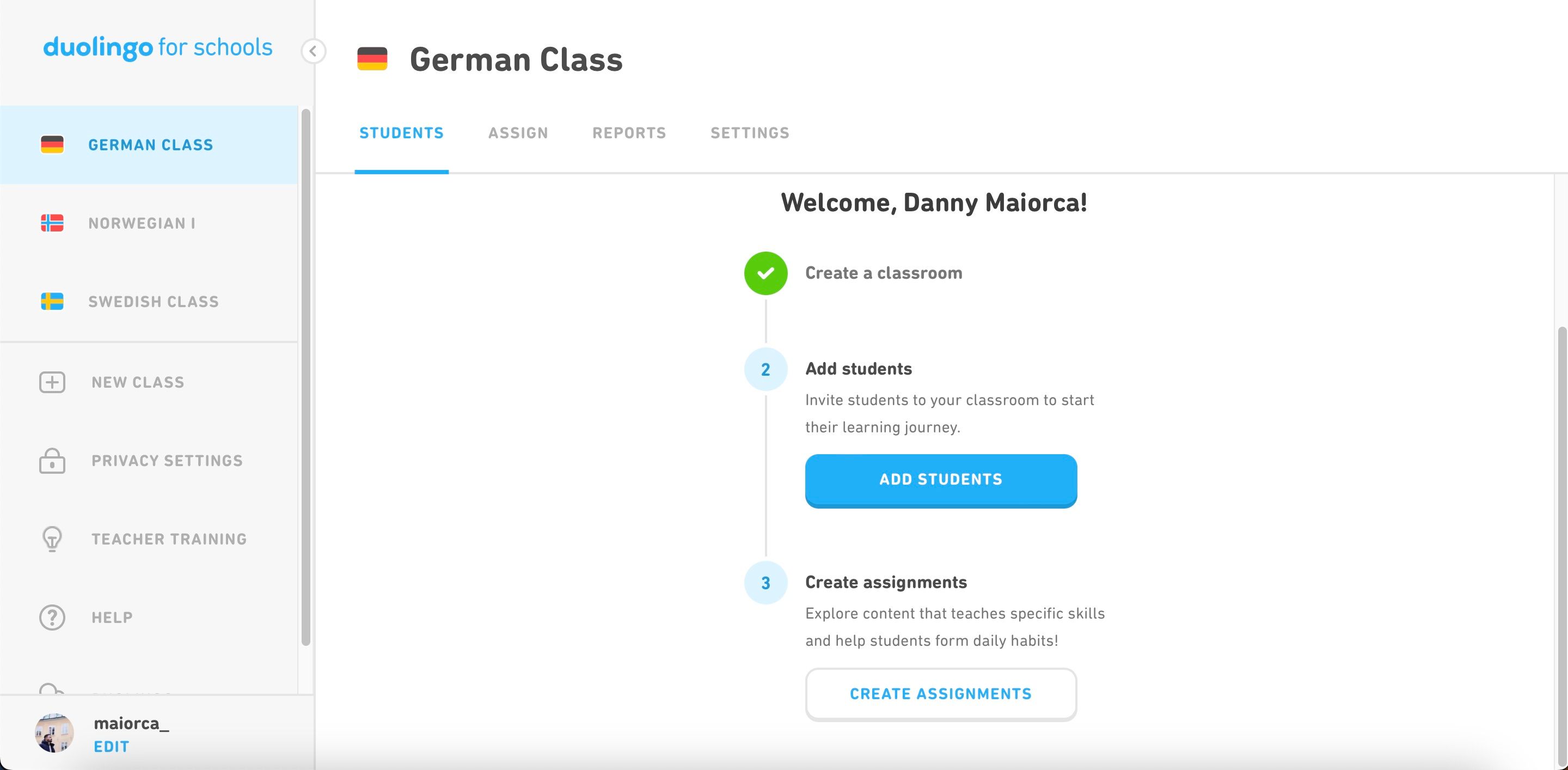 Aggiungi studenti Schermata di Duolingo per le scuole