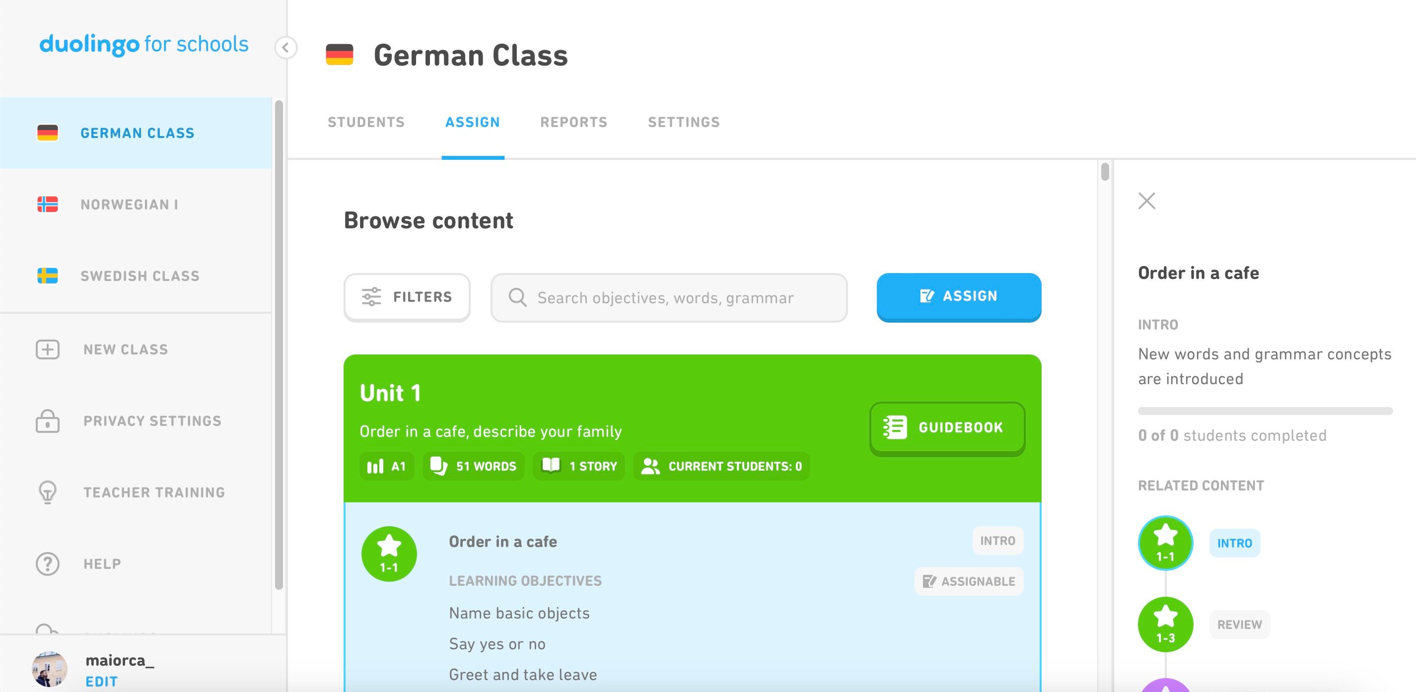 Crea nuovi incarichi Schermata di Duolingo per le scuole