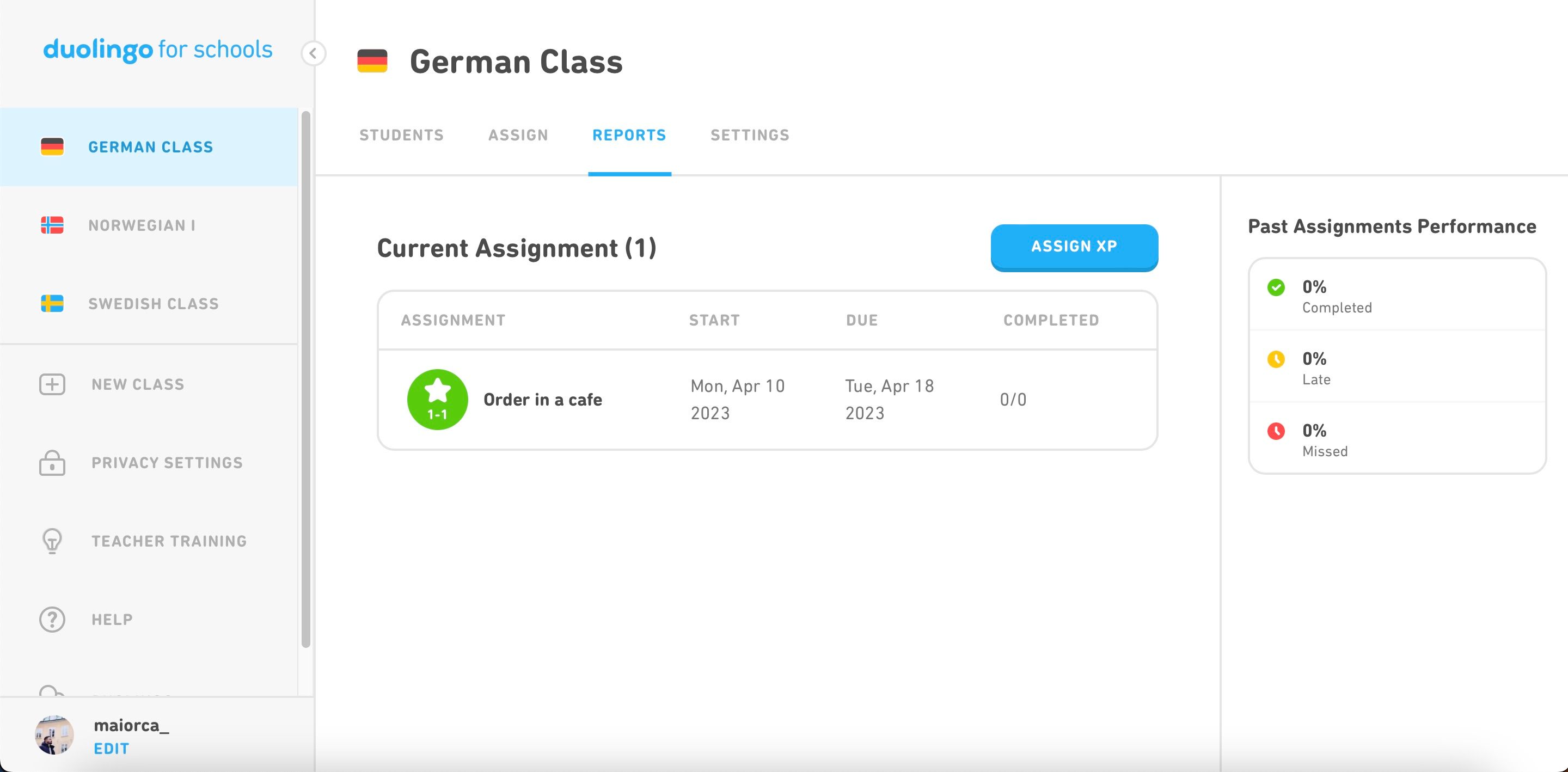 Schermata dei progressi di Duolingo per le scuole