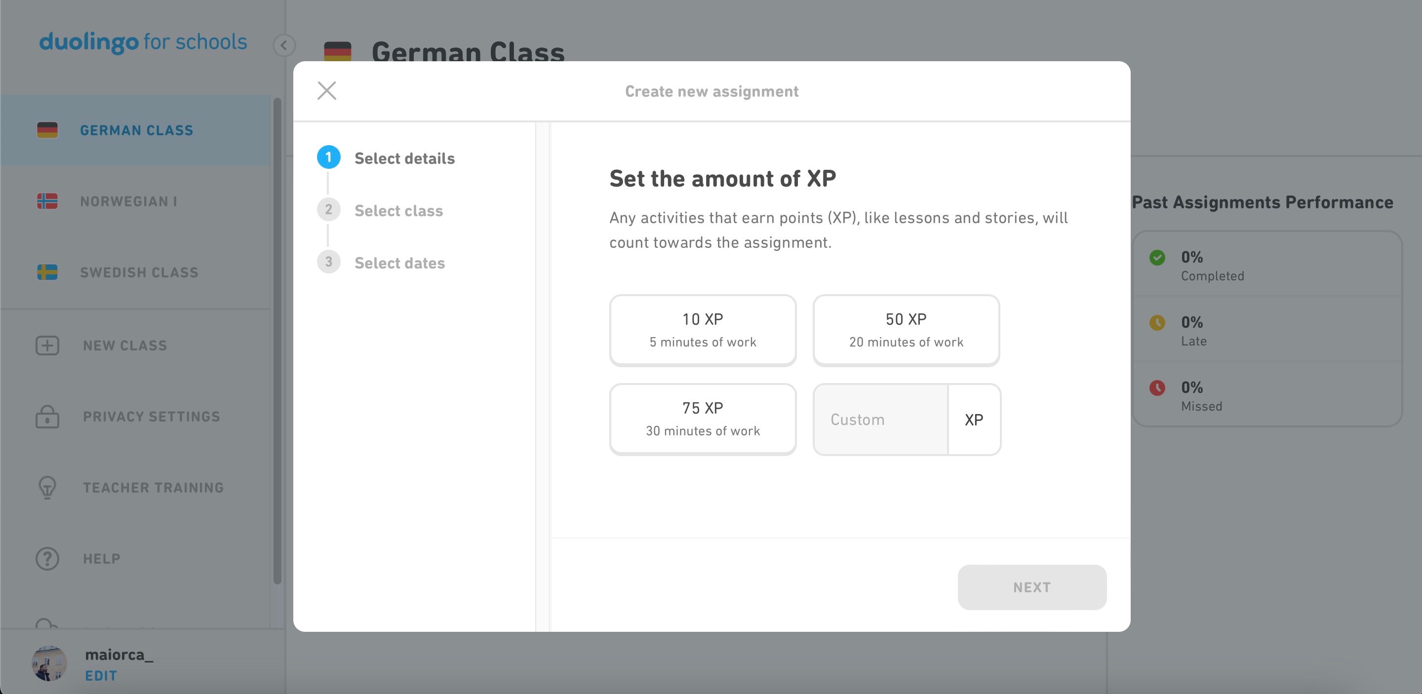 Scegli la quantità di XP Schermata di Duolingo per le scuole
