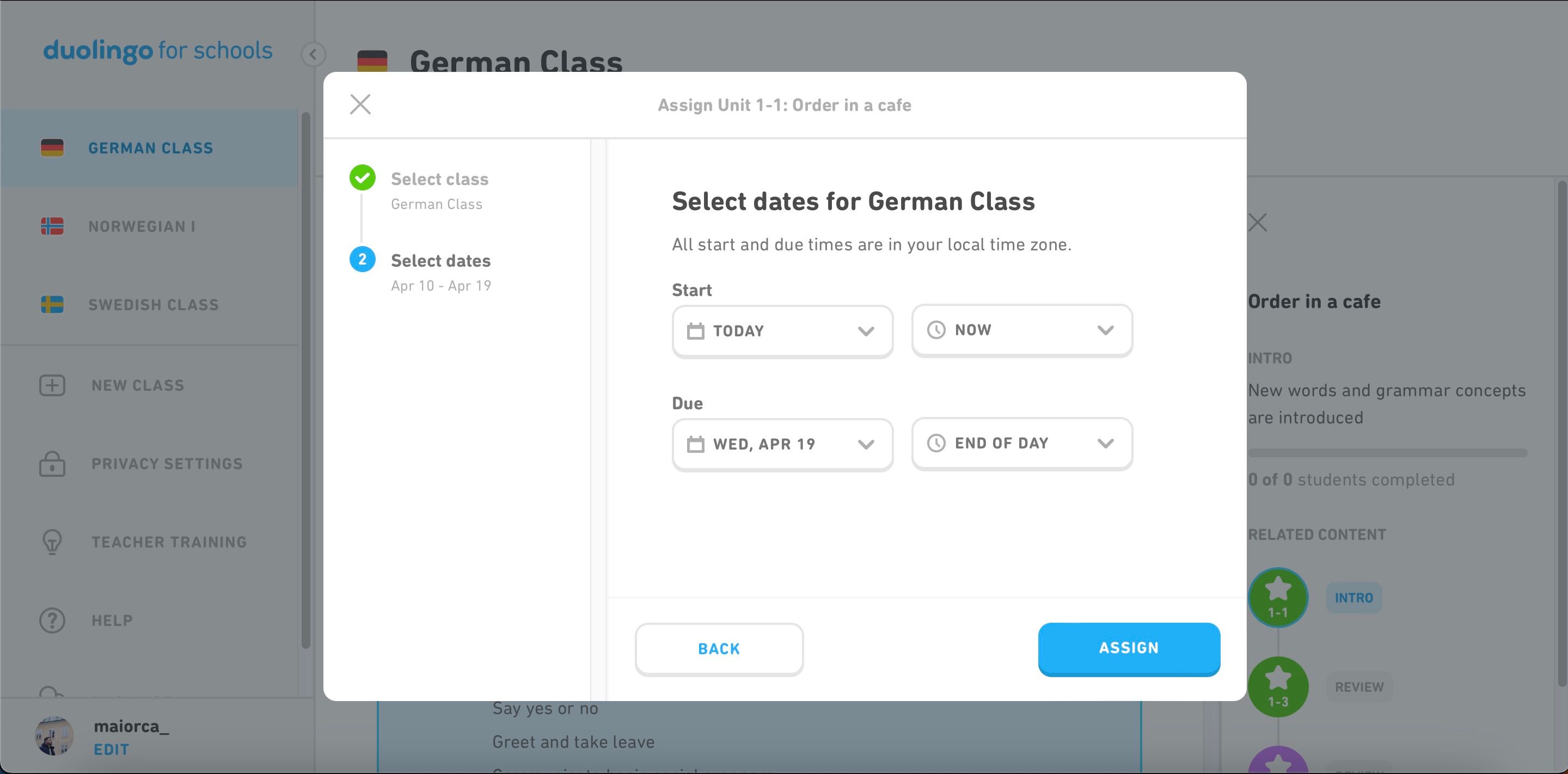 Schermata Assegna tempi per Duolingo per le scuole