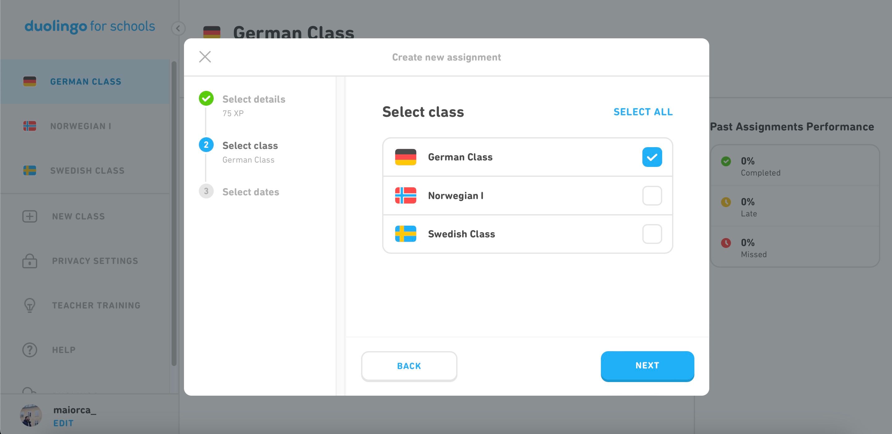 Classi da assegnare Duolingo for Schools XP per Screenshot