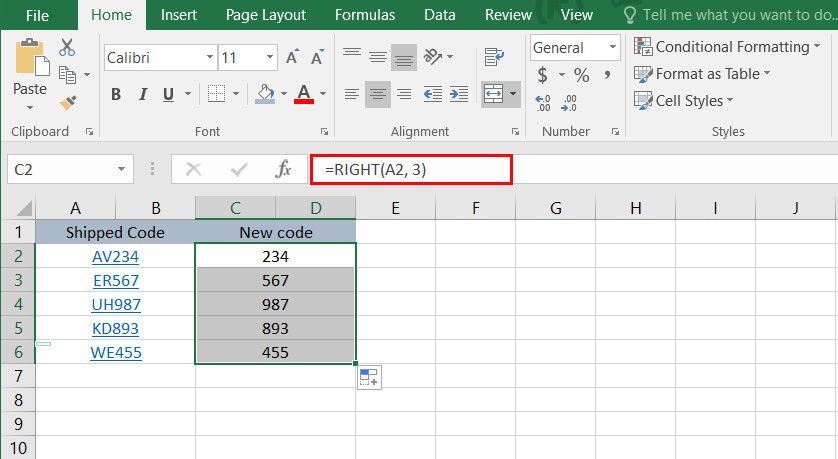 Funzione DESTRA in Excel