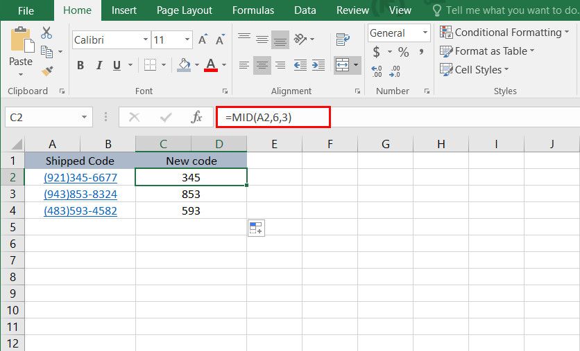Funzione MID in Excel