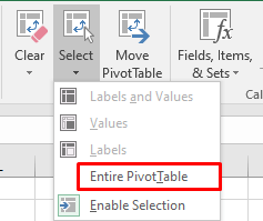 selezionare l'intera tabella pivot per eliminare la tabella pivot in Excel