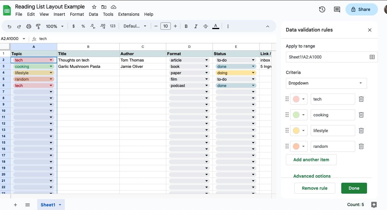 Menu dell'elenco a discesa nel software per fogli di calcolo