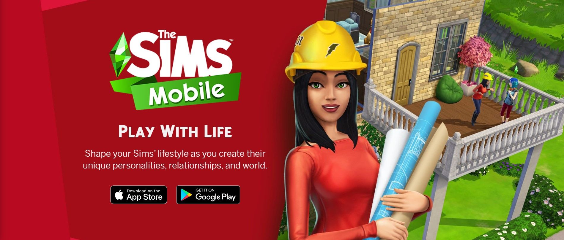 Miniatura promozionale di The Sims Mobile che mostra una Sim donna con un elmetto che tiene dei progetti arrotolati