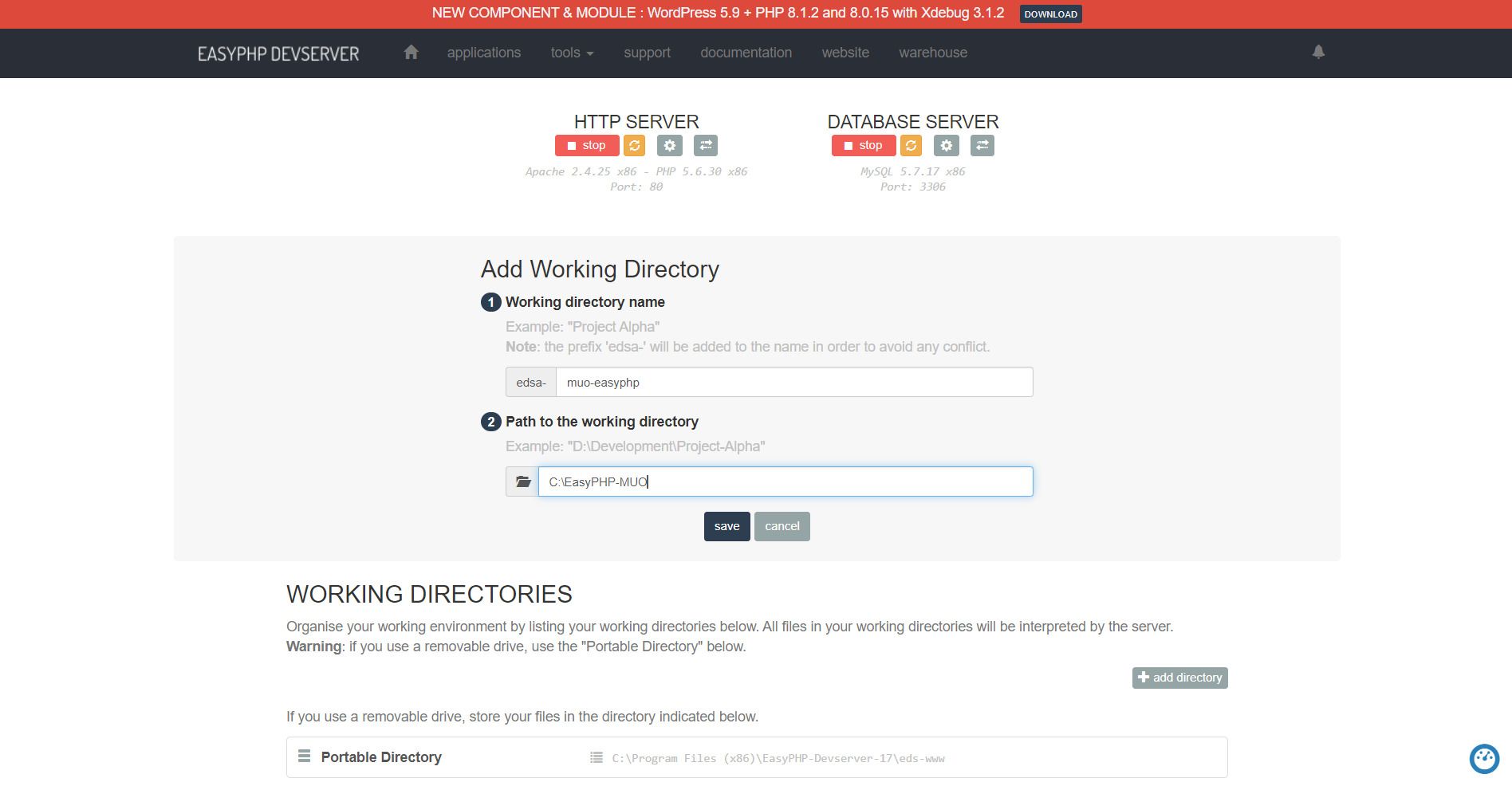 easyphp aggiunge una nuova directory di lavoro