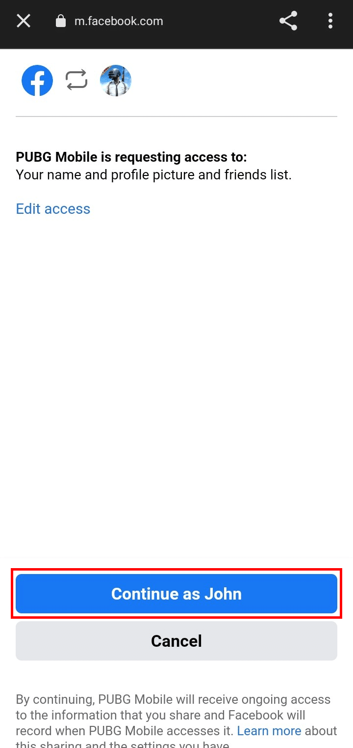Tocca Continua come pulsante del tuo nome Facebook per connettere PUBG mobile a Facebook.