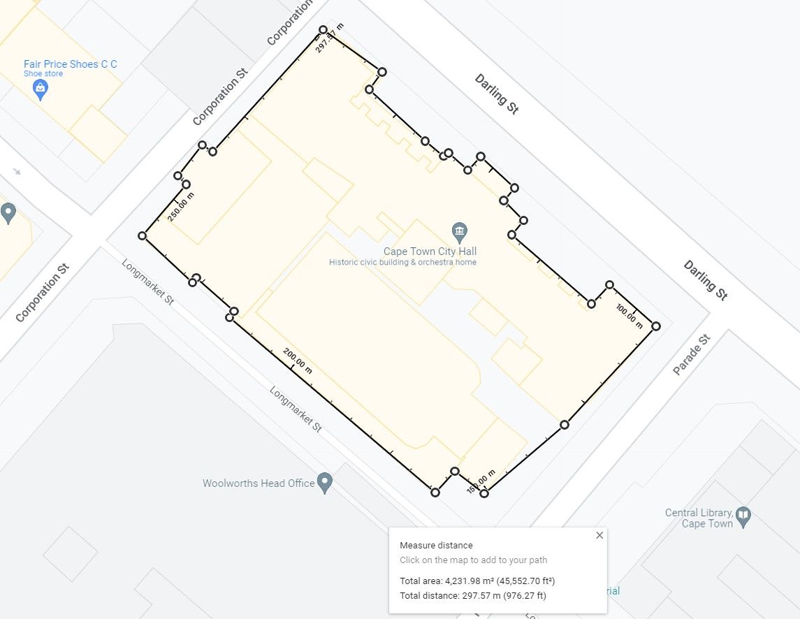 calcolatore di area in google maps con il municipio tracciato