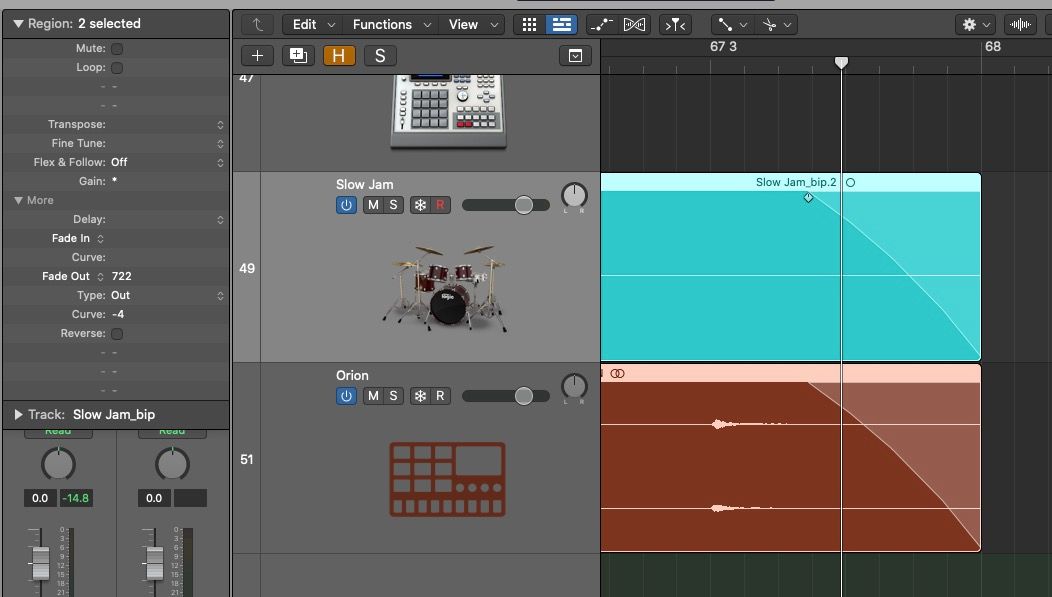 Dissolvenza in uscita di due regioni audio in Logic Pro