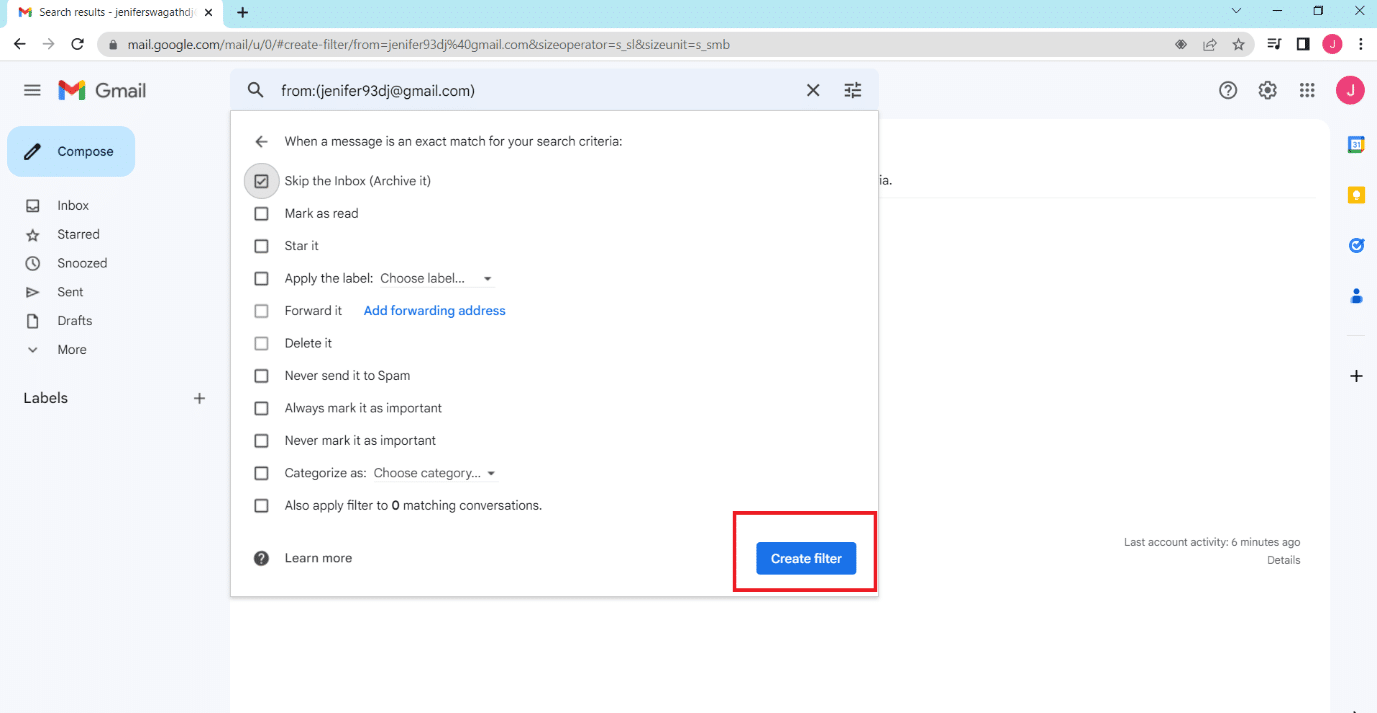 Fare clic su Crea filtro per salvare le impostazioni | Come archiviare automaticamente le email in Gmail