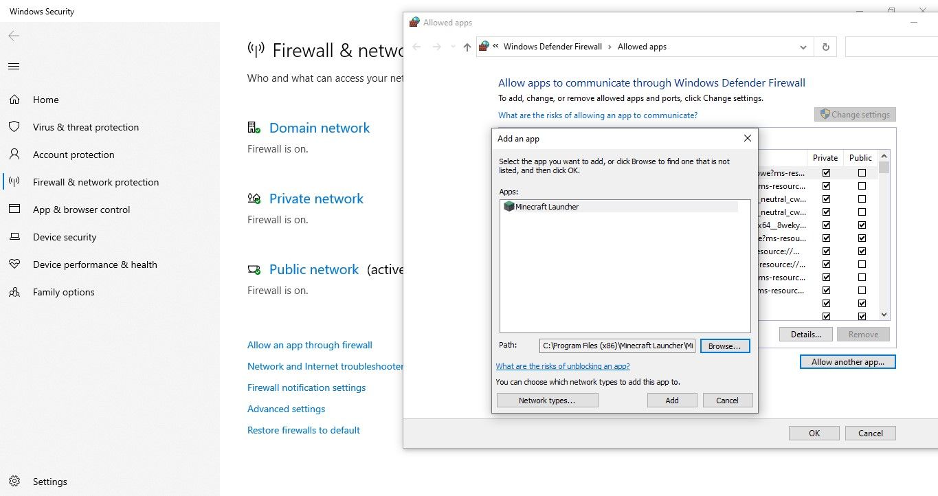Aggiunta di Minecraft Launcher nell'elenco delle app consentite in Windows Defender Firewall Launcher