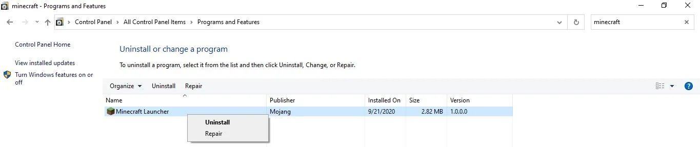disinstallare minecraft nel pannello di controllo