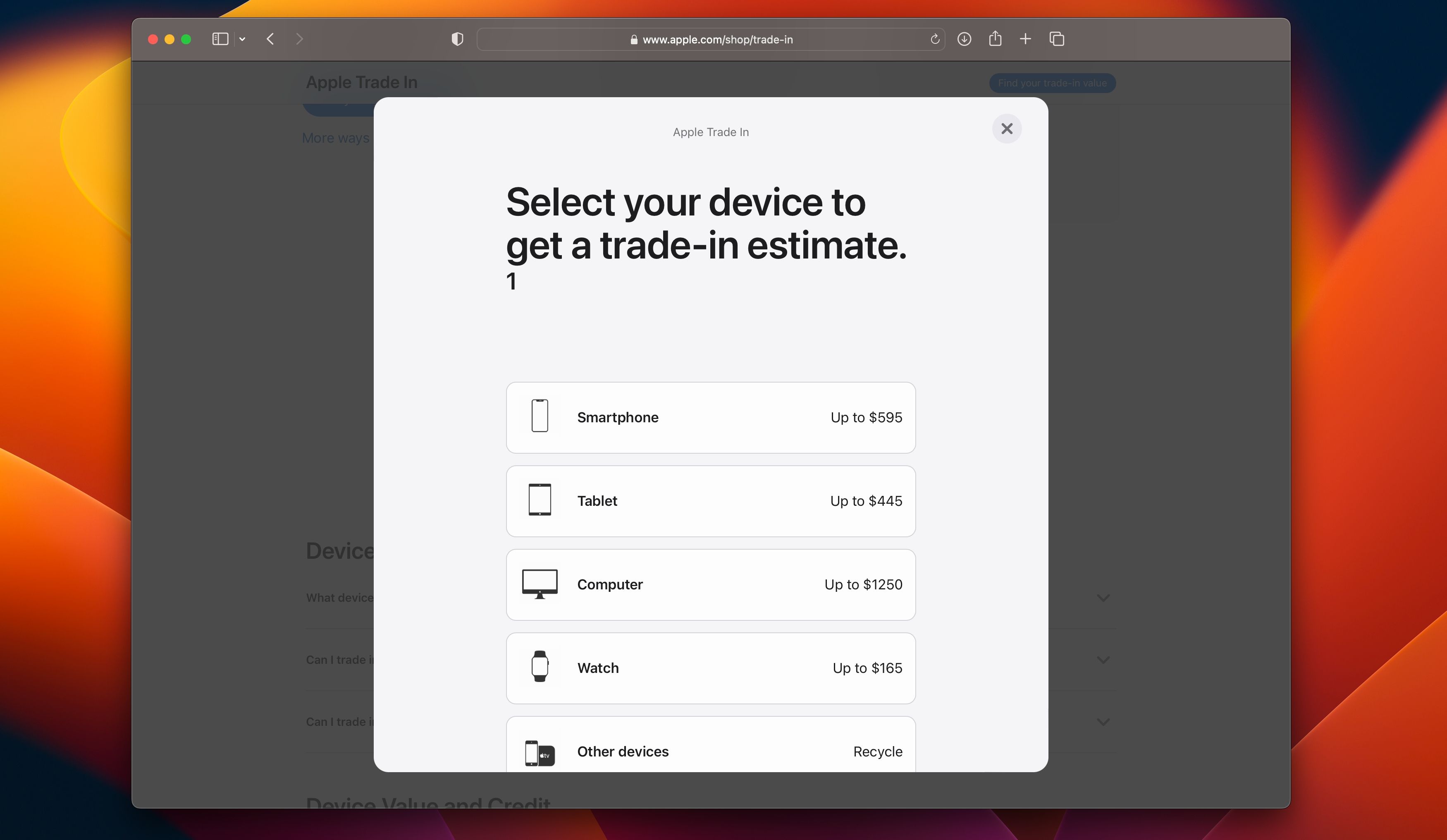 Scelta del tipo di dispositivo sul sito web di Apple Trade In in Safari
