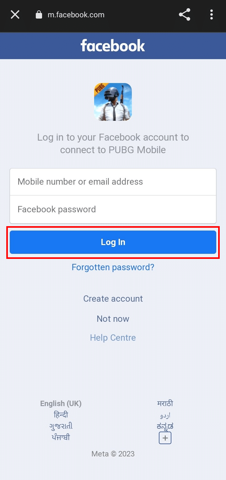 Inserisci il tuo numero di cellulare o l'indirizzo e-mail connesso a Facebook e la password, quindi fai tap sul pulsante Accedi. | Come recuperare l'account PUBG se Facebook è disabilitato