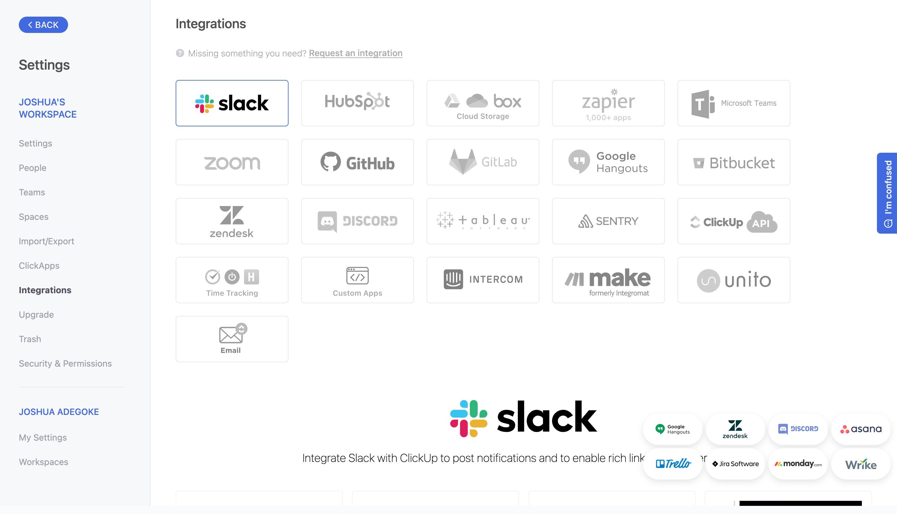Screenshot che mostra le opzioni di integrazione di ClickUp
