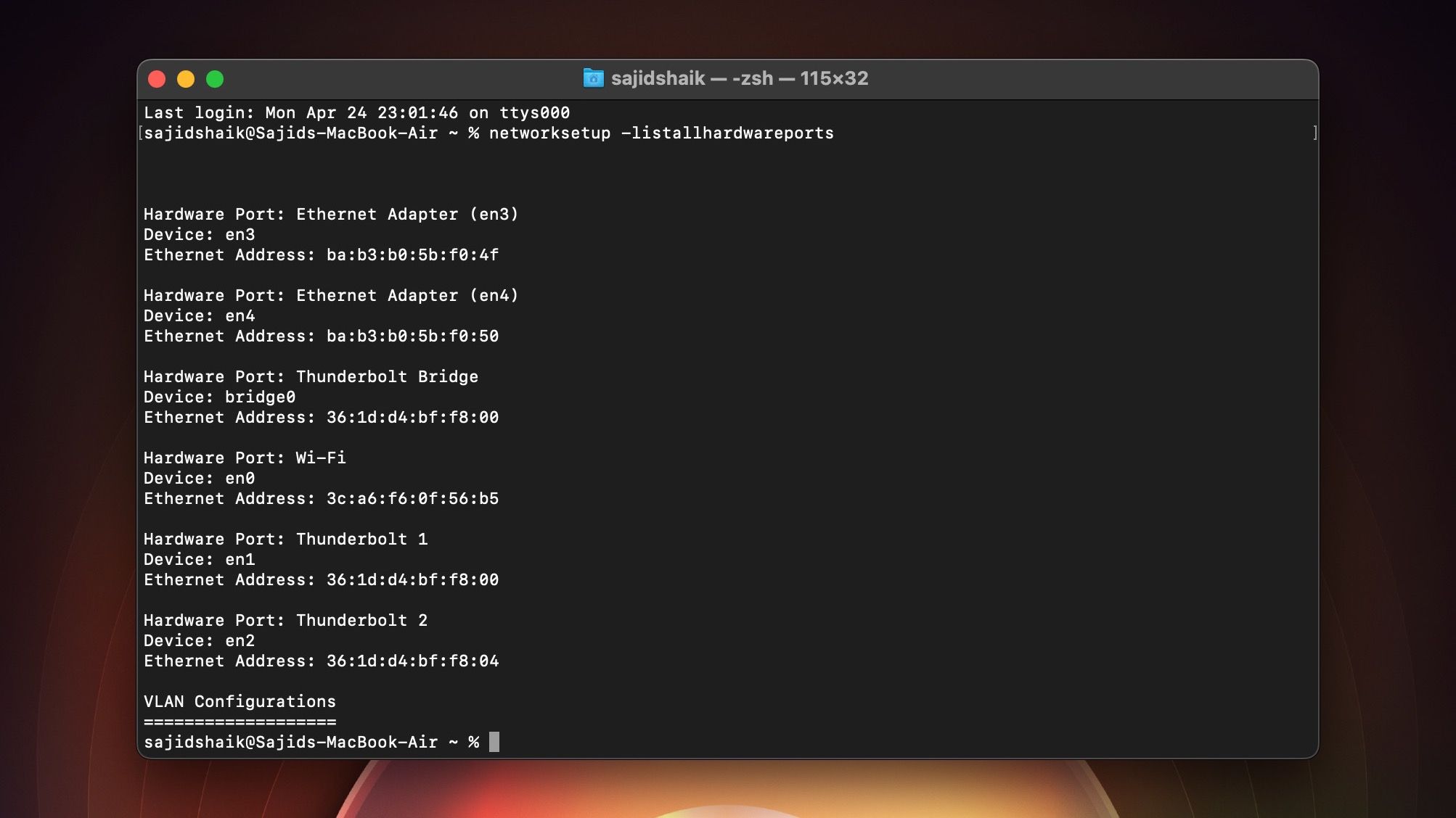 Il rapporto di rete elenca tutti i comandi delle porte hardware in Terminale su macOS Ventura