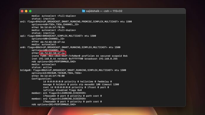 Indirizzo MAC nel terminale su macOS