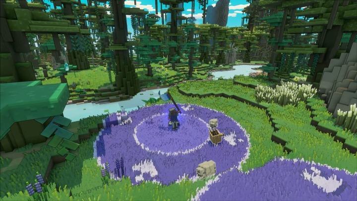 Giocatore di Minecraft Legends con un cerchio blu intorno.
