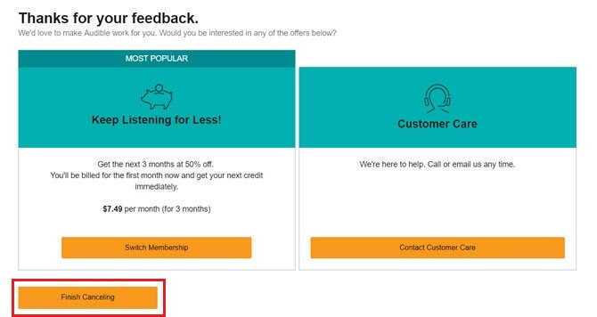  fai clic sul pulsante Termina annullamento per annullare la prova gratuita di Audible