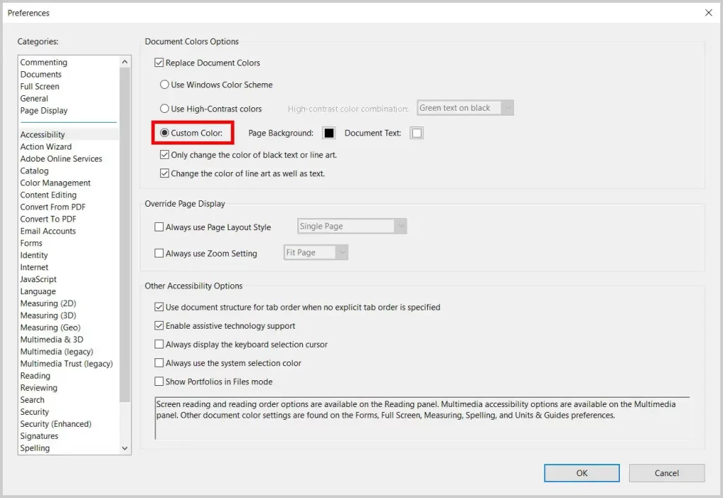 selezionare l'opzione Colore personalizzato per abilitare la modalità scura su Adobe Reader