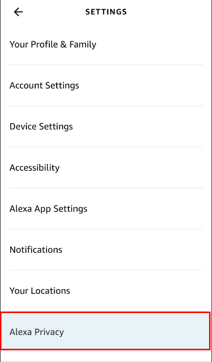 fai clic sull'opzione Privacy di Alexa