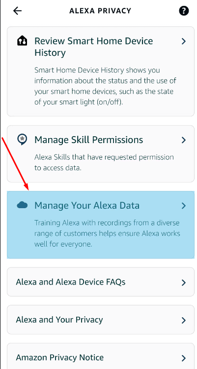 trova l'opzione Gestisci i tuoi dati Alexa