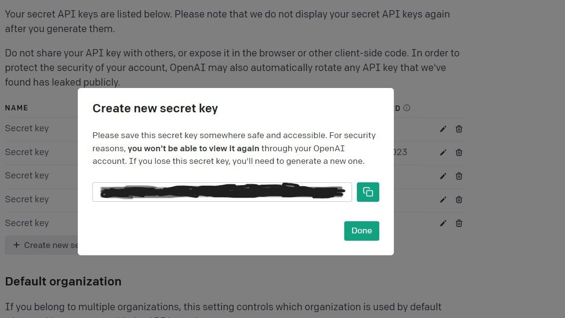 Screenshot che mostra le chiavi API OpenAI sfocate