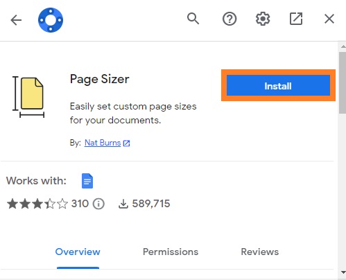  Fai clic sul pulsante Installa - Cambia formato carta in Google Documenti 